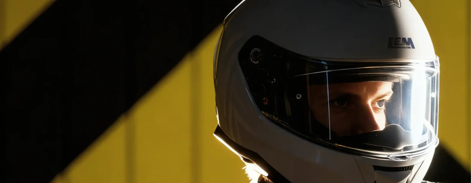Rider wearing a white LEM full-face helmet